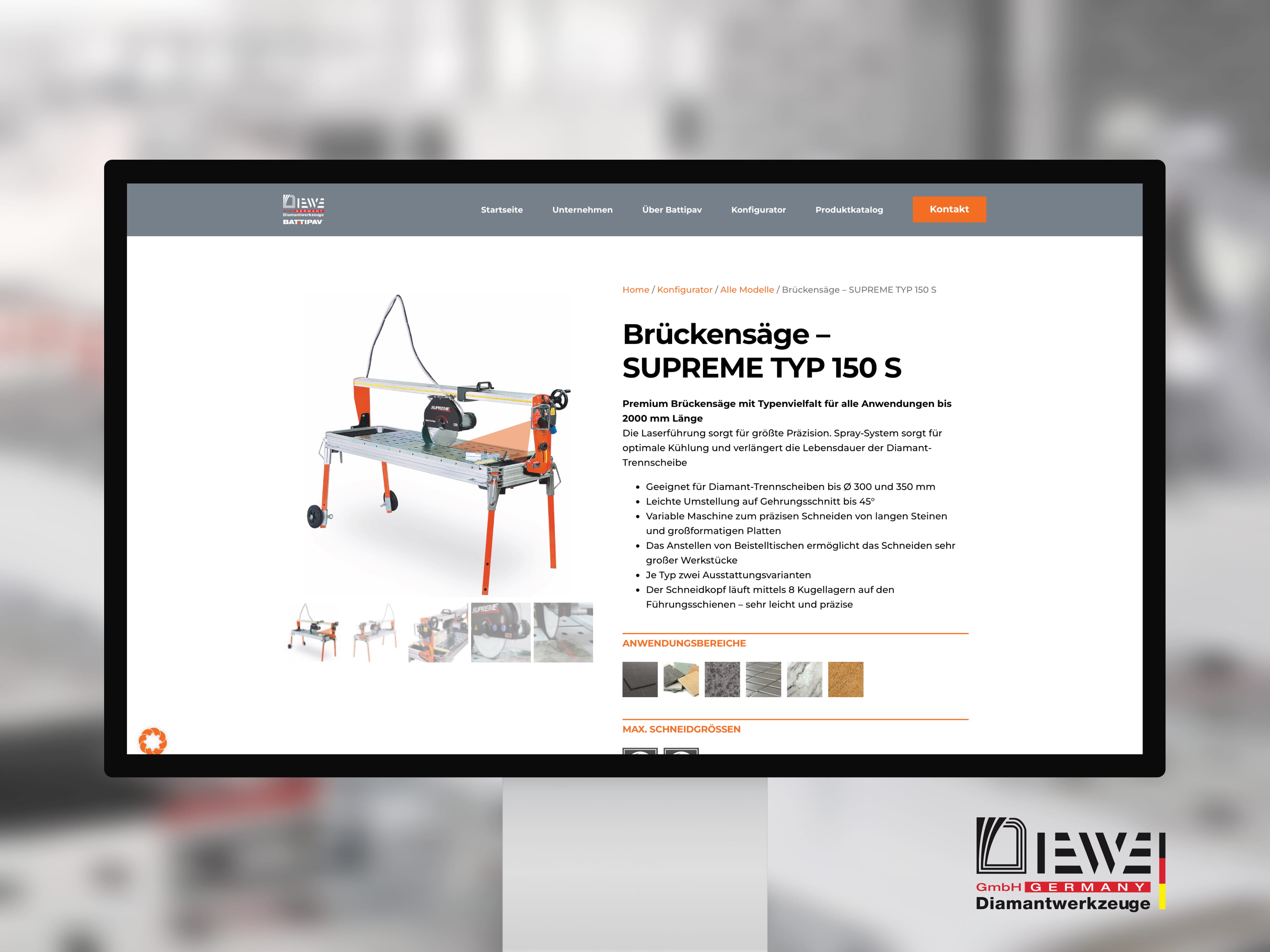 Detailreiche Produktseite einer Battipav Brückensäge